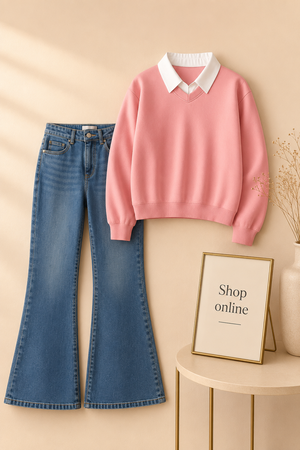 PINK COLLAR SWEAT SHIRT WITH MID BLUE BELL BOTTOM