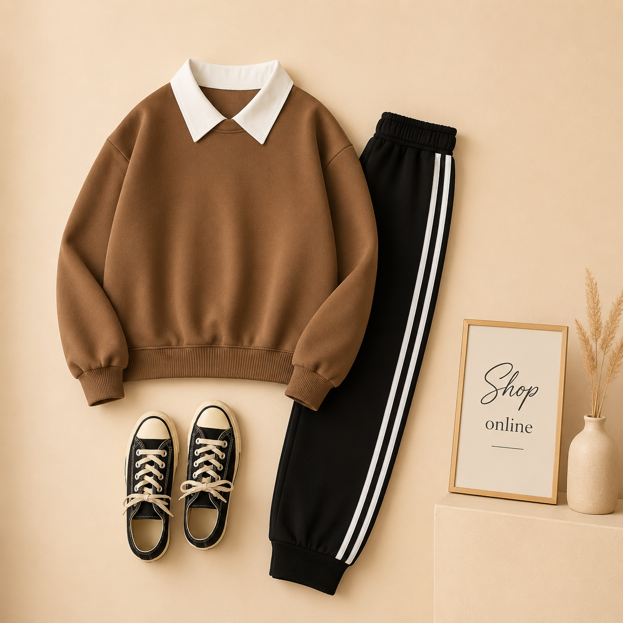 BROWN COLLAR SWEATSHIRT WITH 3 STRIPES TROUSER