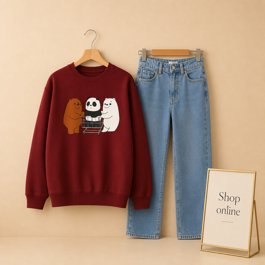SHOPPING BEAR MAROON SWEATSHIRT WITH SKY BLUE MOM JEANS