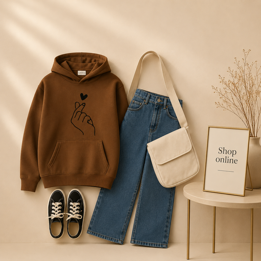 BROWN HOODIE LOVE CHARM WITH SKY BLUE WIDE LEG JEANS