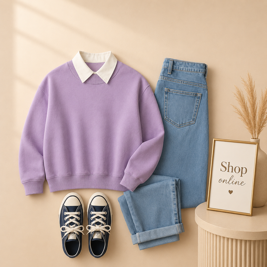 LILAC COLLAR SWEATSHIRT WITH SKY BLUE MOM JEANS