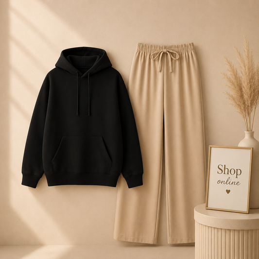 PLAIN BLACK HOODIE WITH BEIGE FLAPPER
