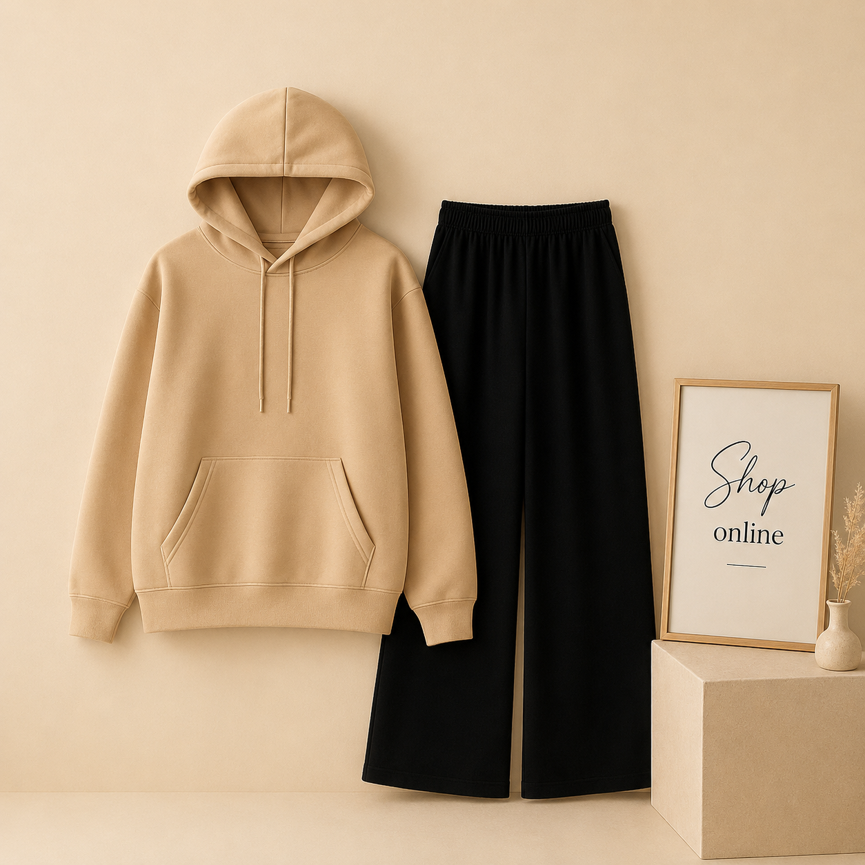 PLAIN BEIGE HOODIE WITH BLACK FLAPPER