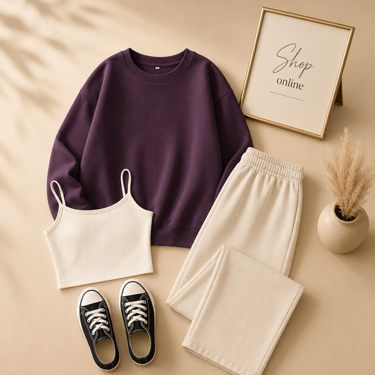 PURPLE SWEATSHIRT WITH BEIGE FLAPPER AND WHITE TANK TOP