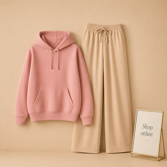 PLAIN PINK HOODIE WITH BEIGE FLAPPER