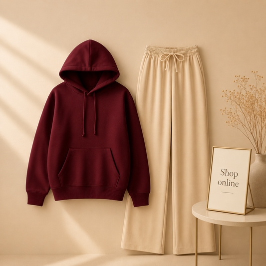 PLAIN MAROON HOODIE WITH BEIGE FLAPPER