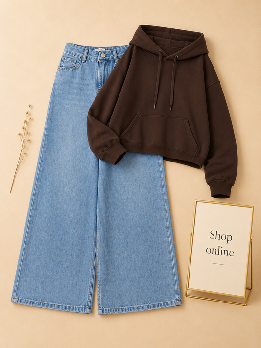 BROWN CROP HOODIE WITH SKY BLUE WIDE LEG JEANS