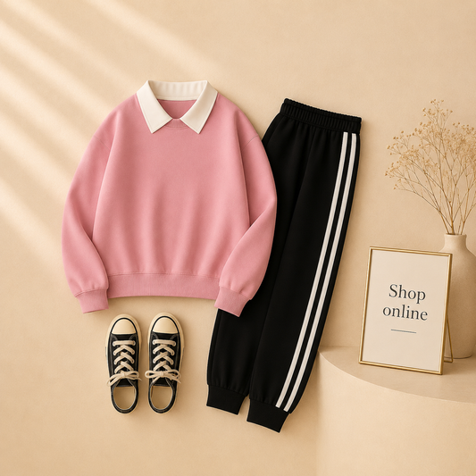 PINK COLLAR SWEATSHIRT WITH 3 STRIPES TROUSER