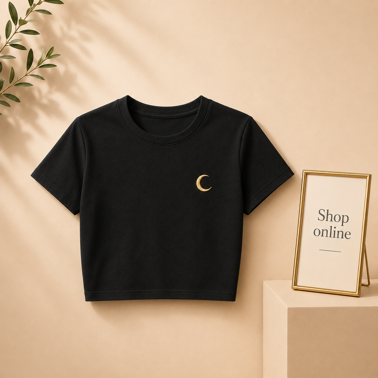 BLACK CROP TSHIRT YELLOW MOON AT POCKET