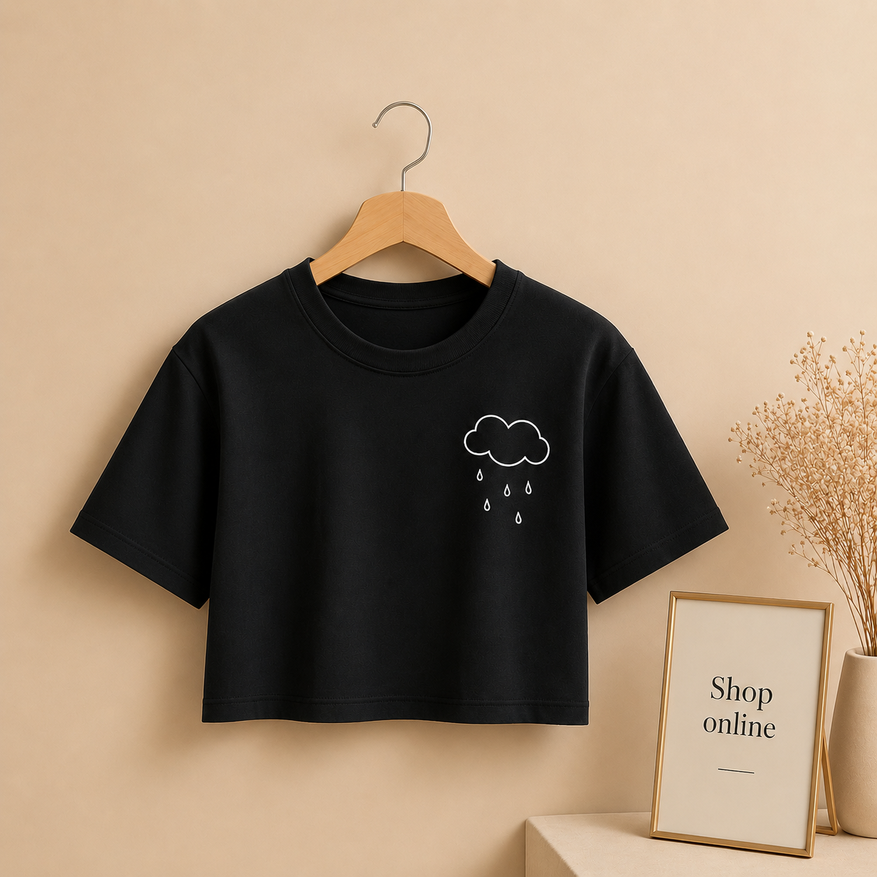 BLACK CROP TSHIRT OUTLINE RAINING CLOUD AT POCKET