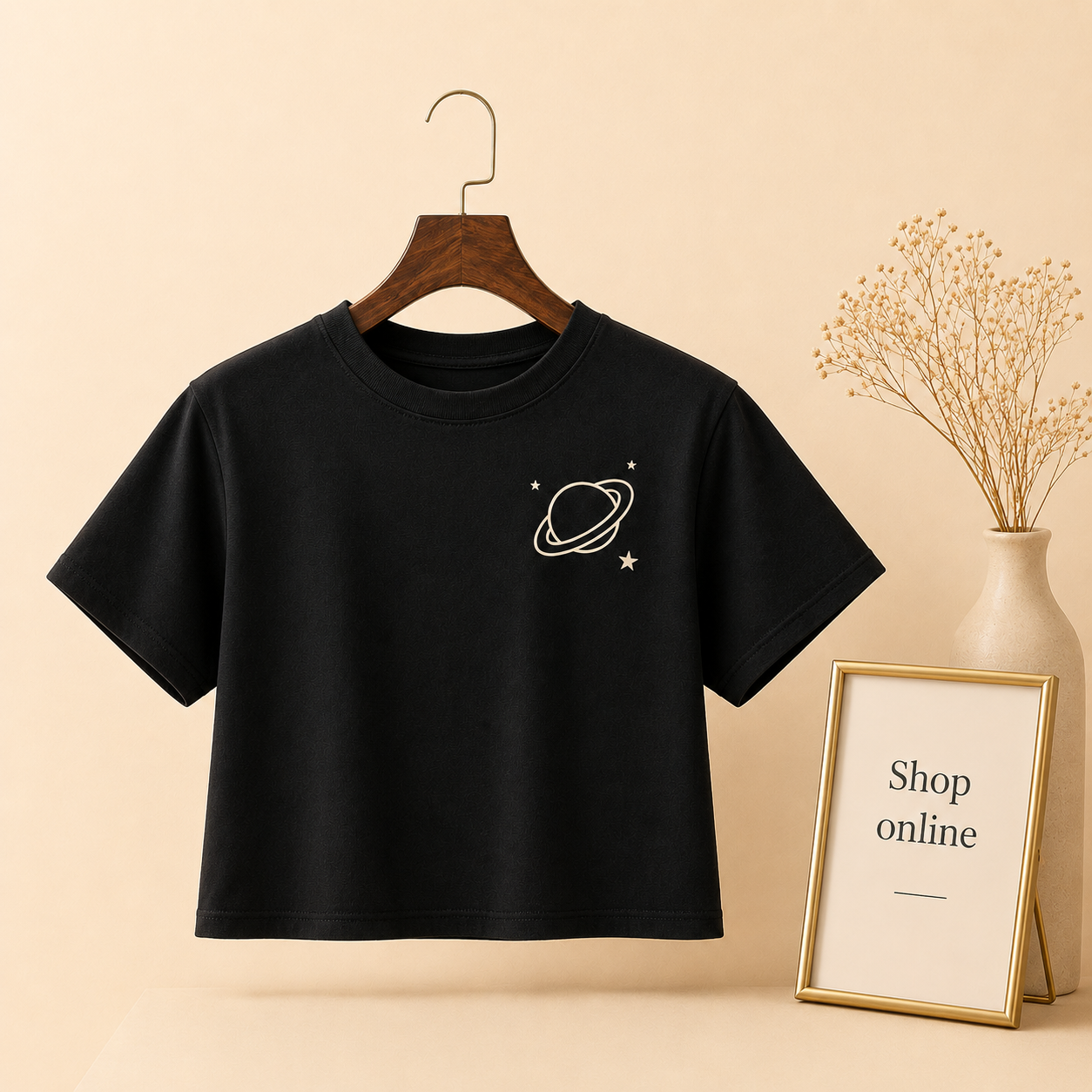 BLACK CROP TSHIRT SATURN AT POCKET