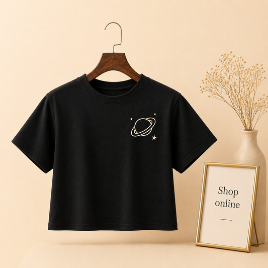 BLACK CROP TSHIRT SATURN AT POCKET