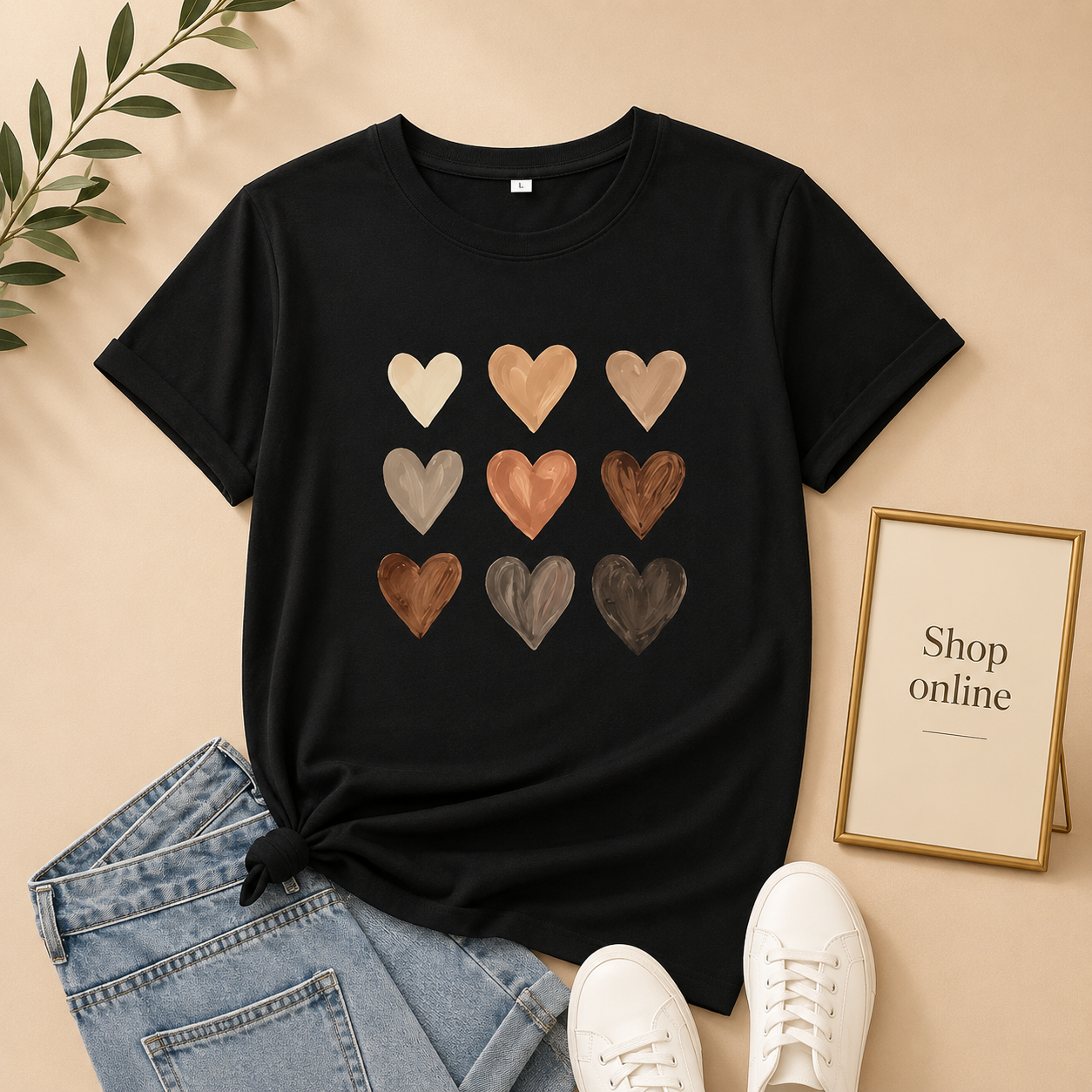 BLACK TSHIRT BROWN HEARTS