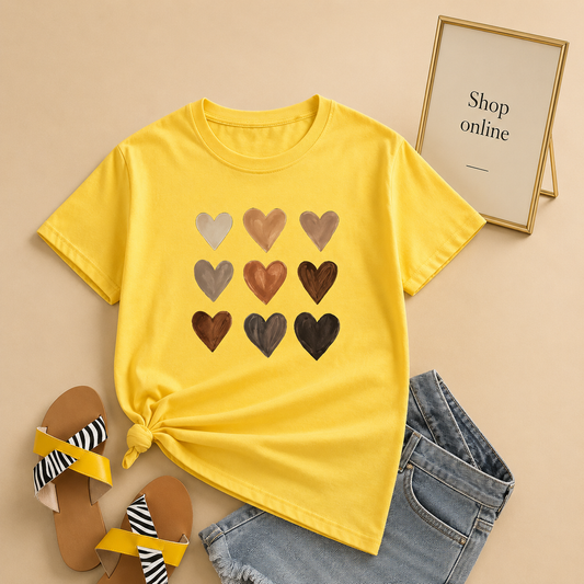 YELLOW TSHIRT BROWN HEARTS