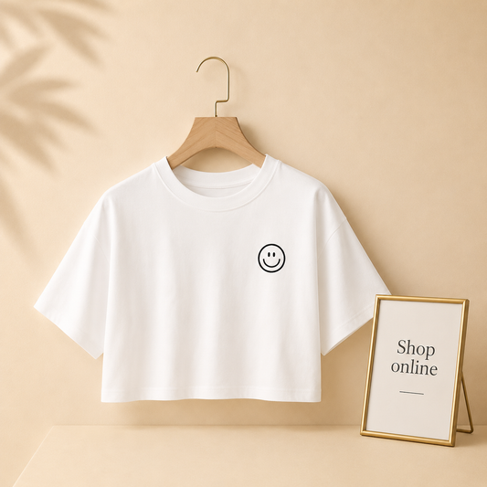 WHITE CROP TSHIRT SMILEY FACE POCKET