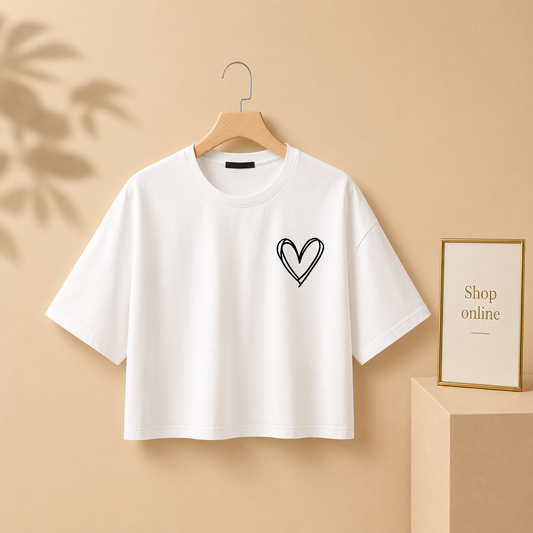 WHITE CROP TSHIRT SHREDDED HEART POCKET