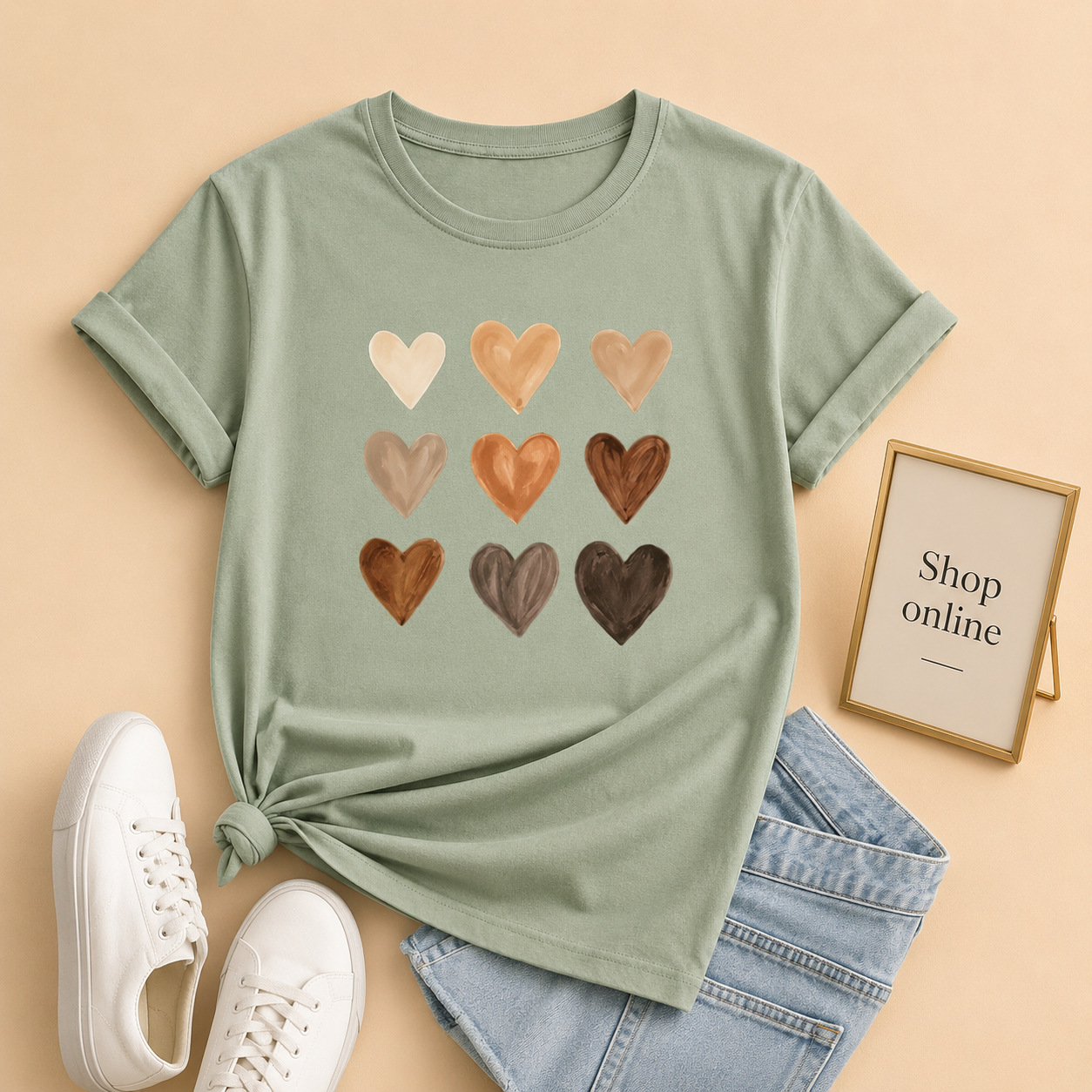 GREEN TSHIRT BROWN HEARTS