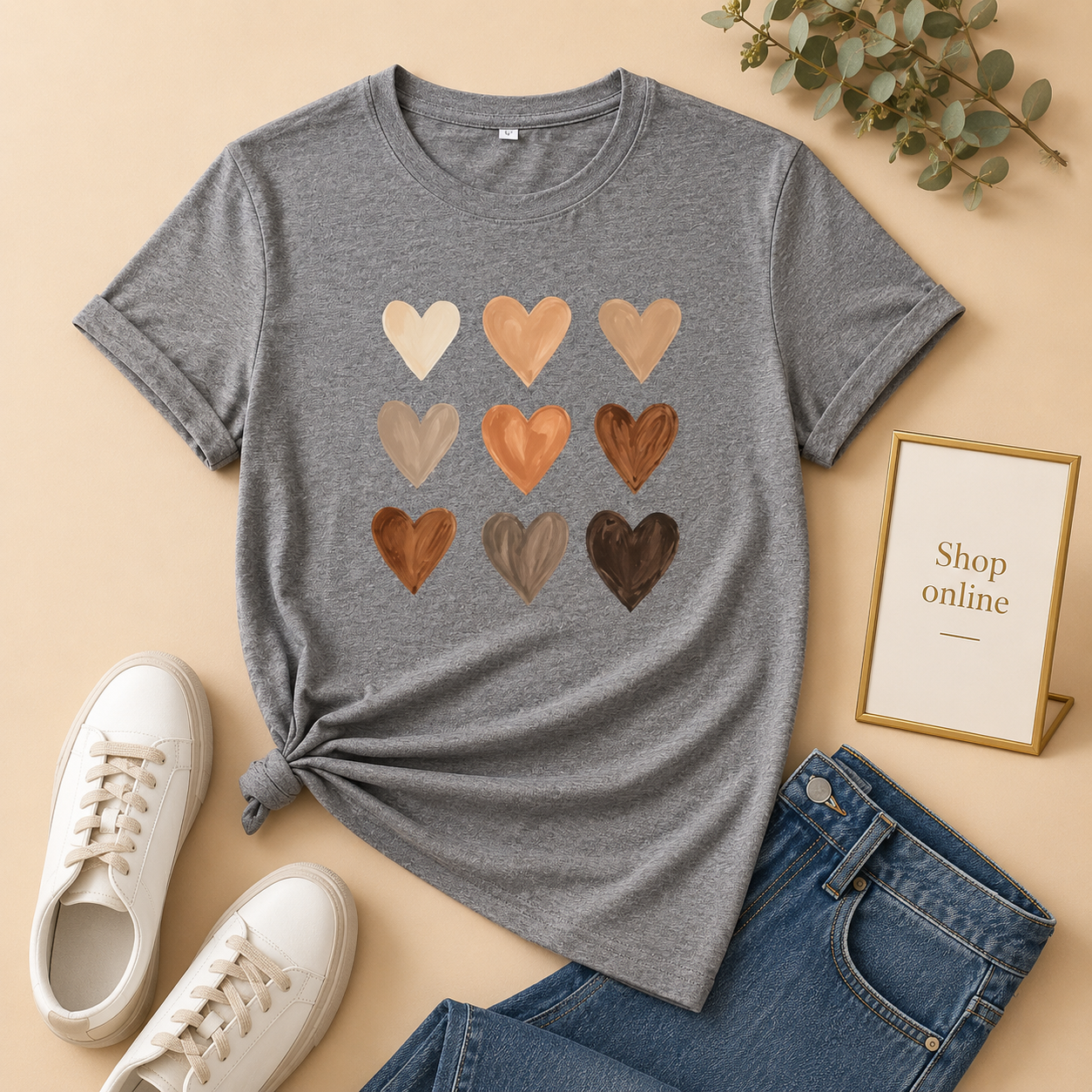 GREY TSHIRT BROWN HEARTS