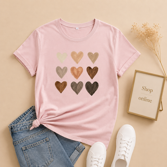 LIGHT PINK TSHIRT BROWN HEARTS