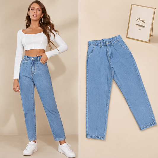 HIGH WAISTED ICE BLUE MOM JEANS
