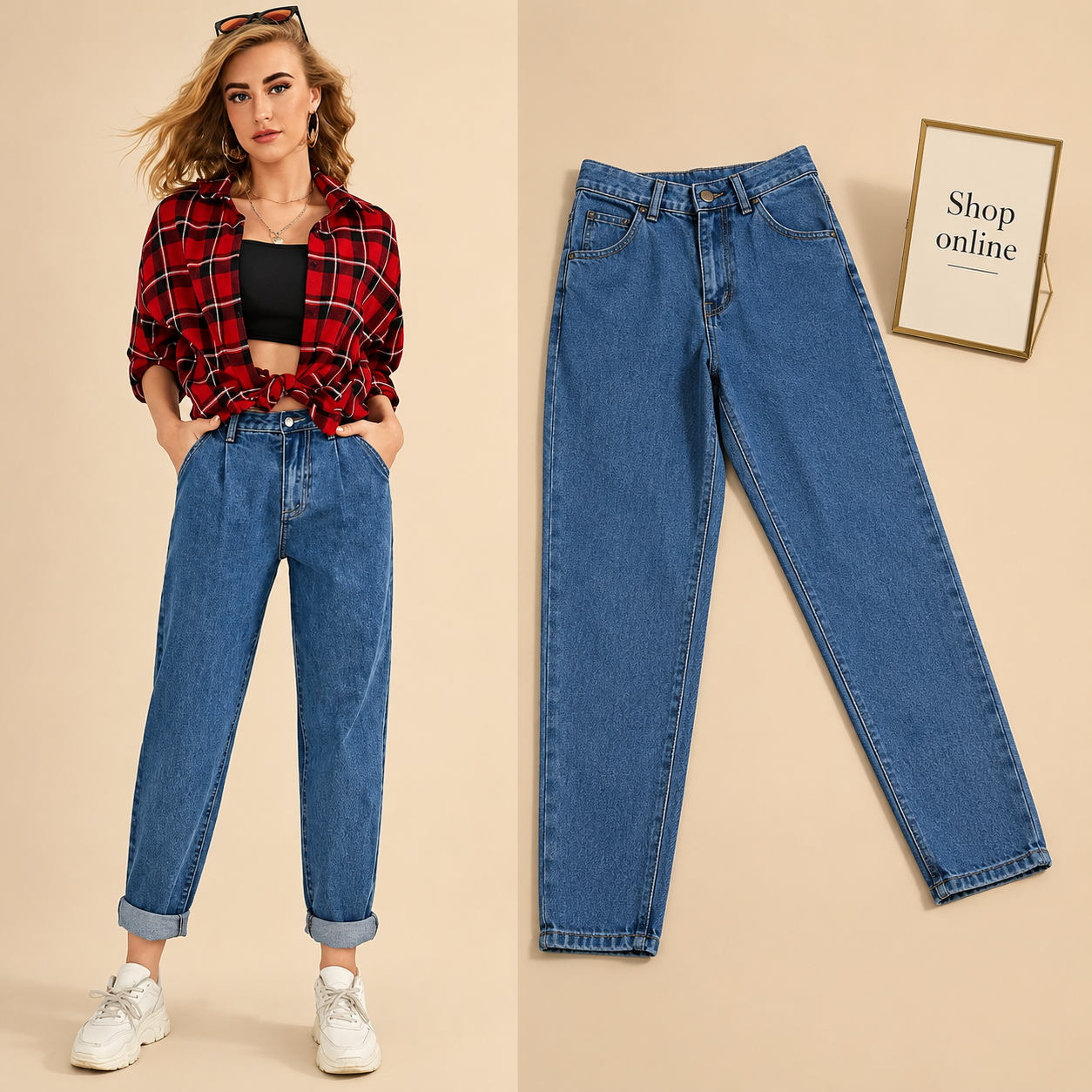 HIGH WAISTED MID BLUE MOM JEANS