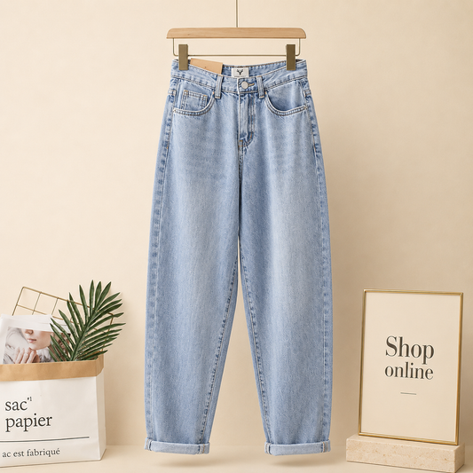 HIGH WAISTED ICE BLUE MOM JEANS