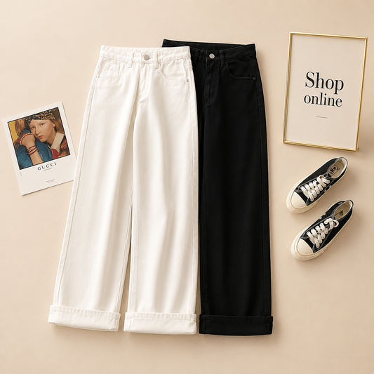 PACK OF 2 BLACK AND WHITE WIDE LEG JEANS
