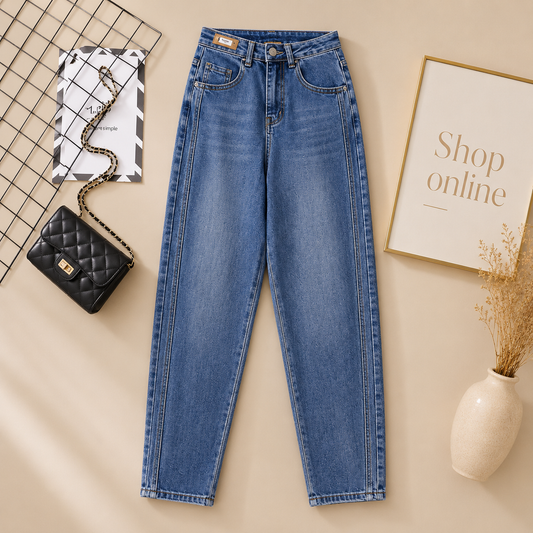 HIGH WAISTED MID BLUE MOM JEANS