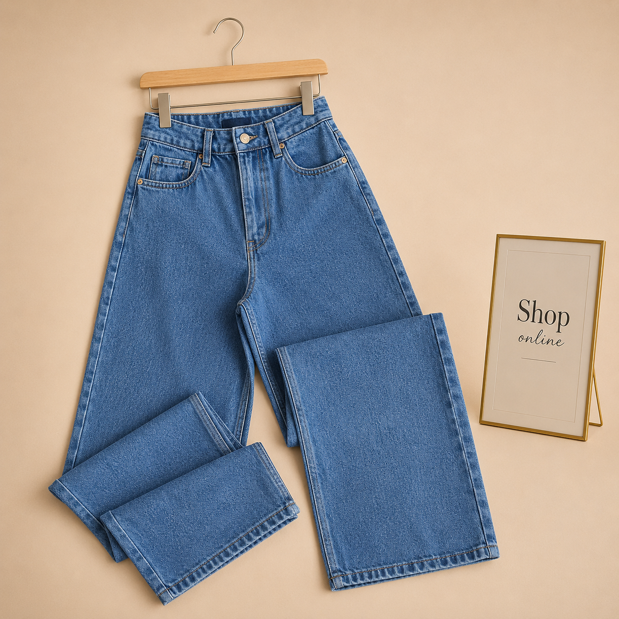 HIGH WAISTED MID BLUE WIDE LEG JEANS