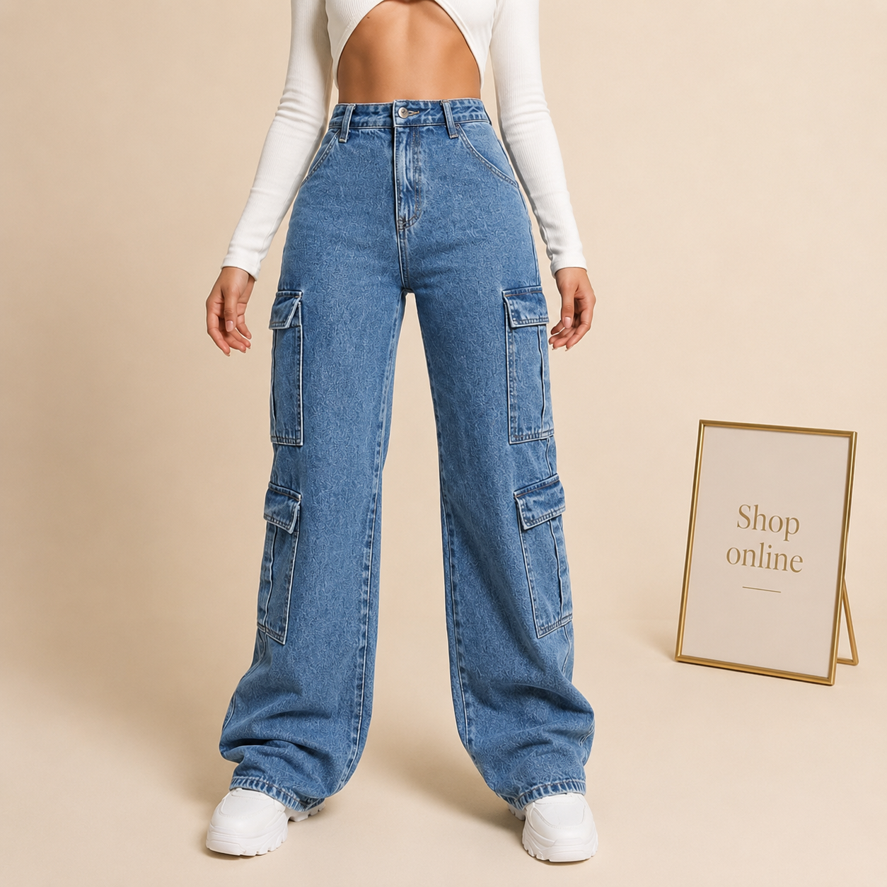 MID BLUE CARGO WIDE LEG JEANS
