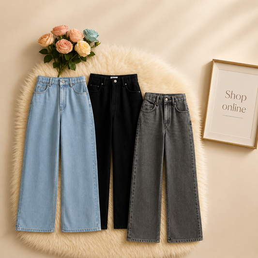 PACK OF 3 WIDE LEG JEANS ( ICE BLUE, MALAYSIAN BLACK AND JET BLACK )