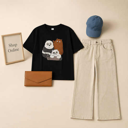 BLACK TSHIRT BOX BEARS WITH BEIGE WIDE LEG JEANS