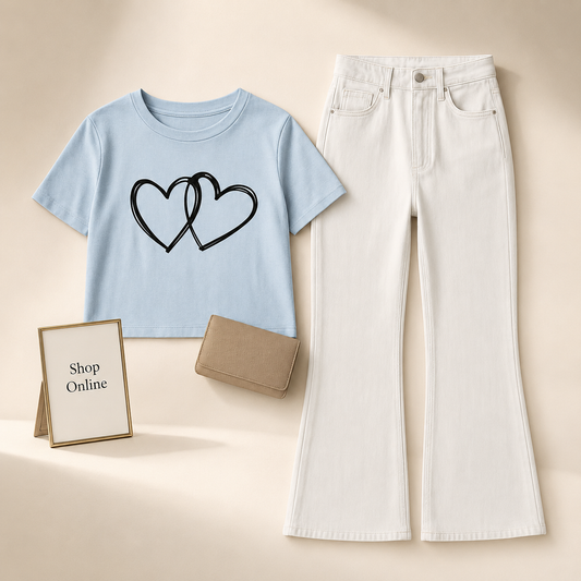 SKY BLUE TSHIRT HEART IN HEART WITH WHITE BELL BOTTOM JEANS