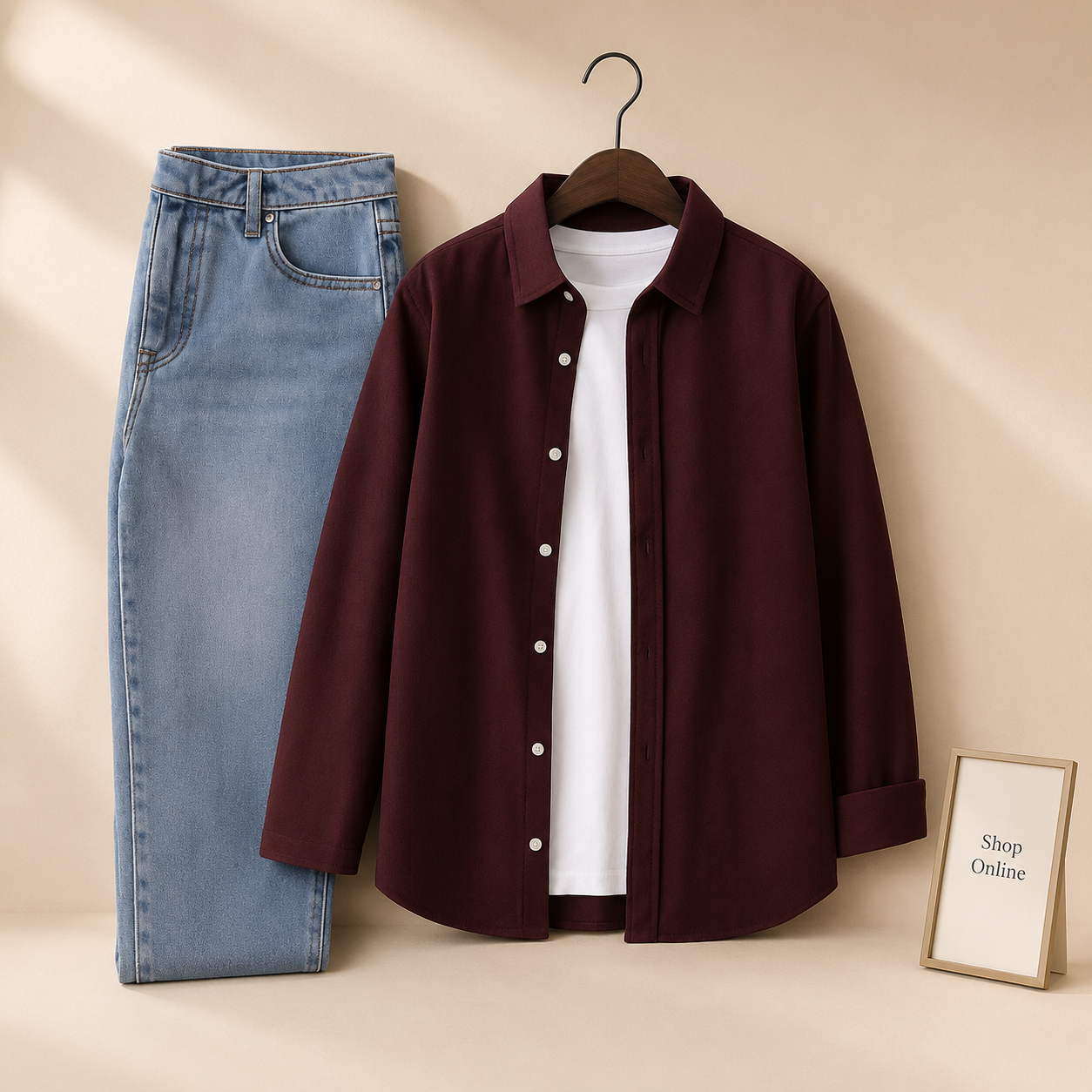 MAROON BUTTON DOWN SHIRT WITH ICE BLUE MOM JEANS WITH INNER