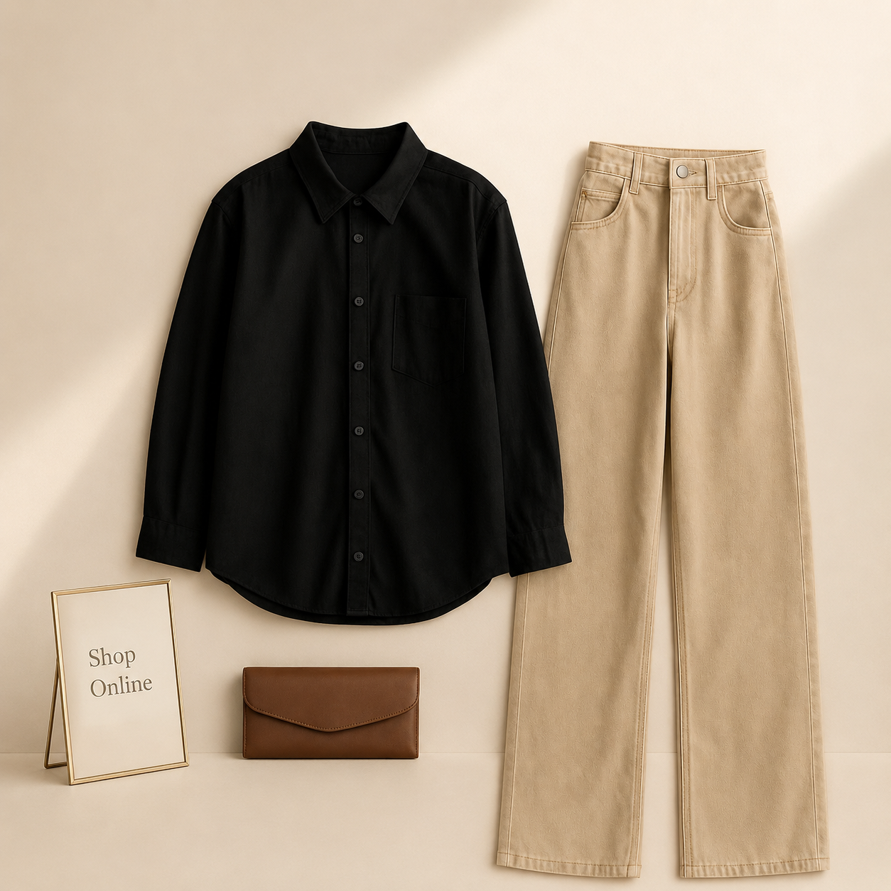 BLACK BUTTON DOWN SHIRT WITH BEIGE WIDE LEG JEANS