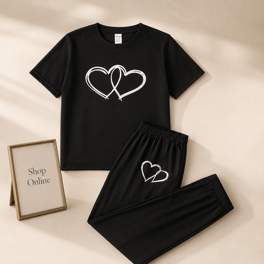 BLACK TSHIRT HEART IN HEART WITH BLACK TROUSER HEART IN HEART POCKET