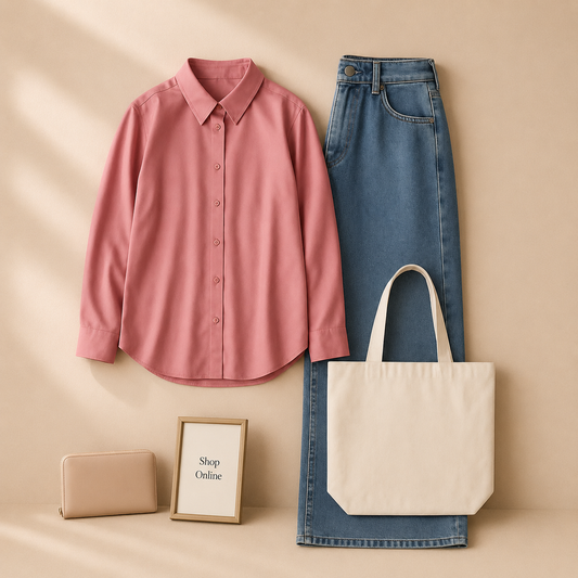LIGHT PINK BUTTON DOWN SHIRT WITH ICE BLUE WIDE LEG JEANS