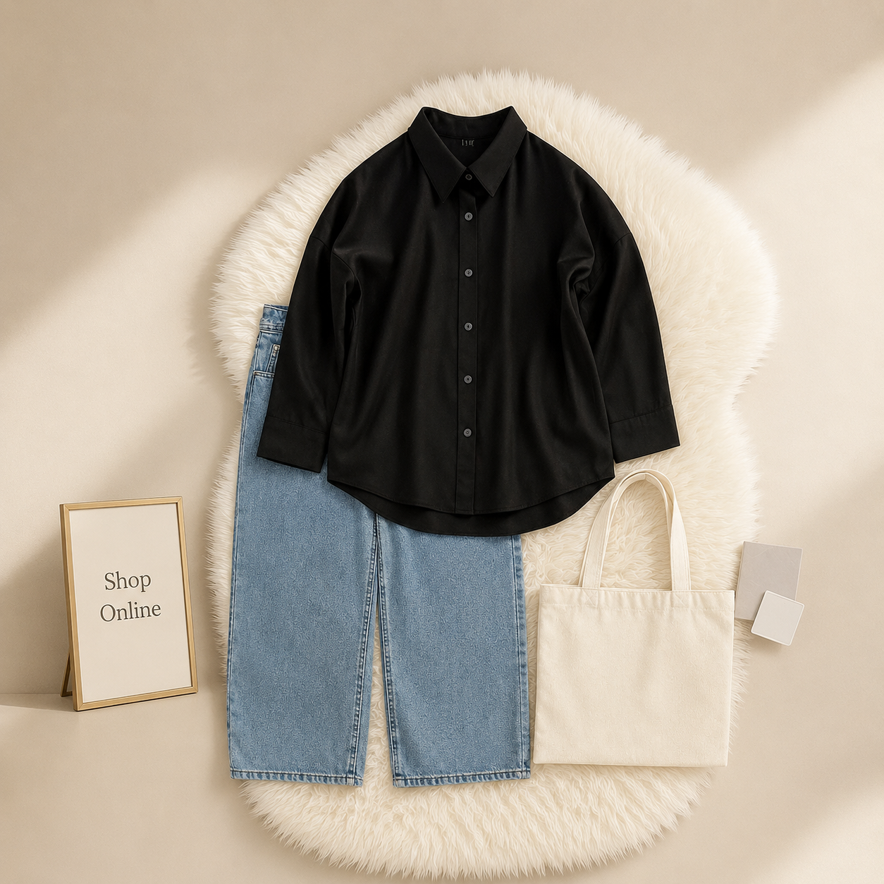BLACK BUTTON DOWN SHIRT WITH ICE BLUE WIDE LEG JEANS