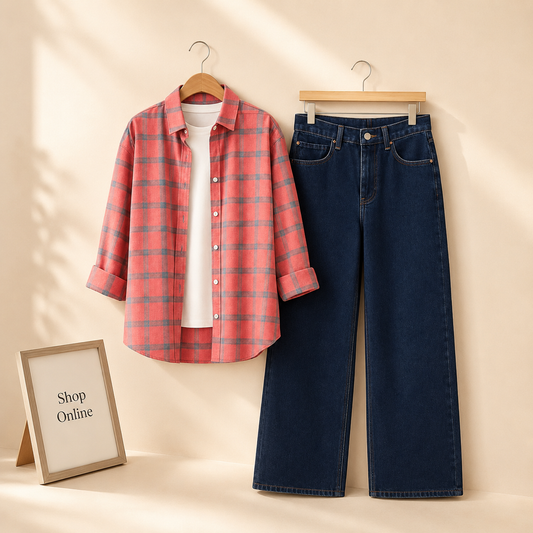 PINK GREY CHECK SHIRT WITH INNER AND MID BLUE WIDE LEG JEANS