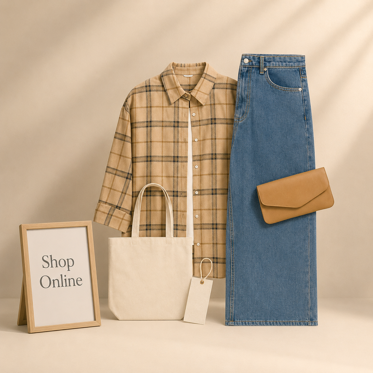 BIEGE CHECK SHIRT WITH INNER AND SKY BLUE WIDE LEG JEANS