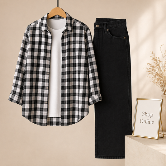 CHECK SHIRT WITH INNER AND BLACK WIDE LEG JEANS