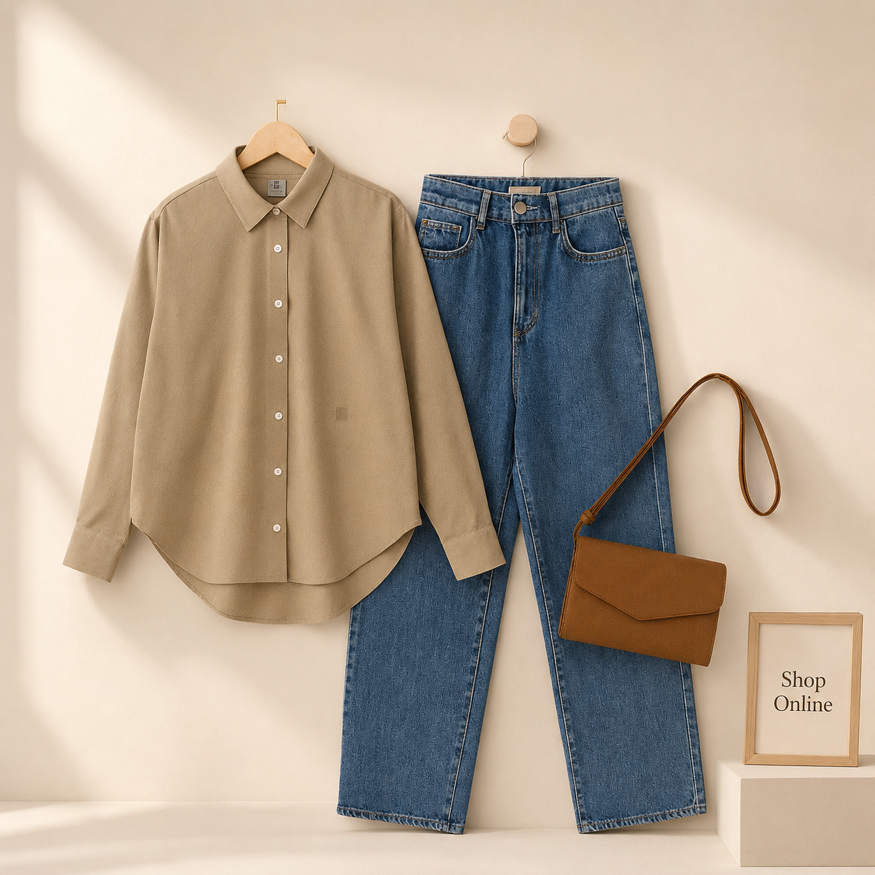 CREAM BUTTON DOWN SHIRT WITH SKY BLUE WIDE LEG JEANS