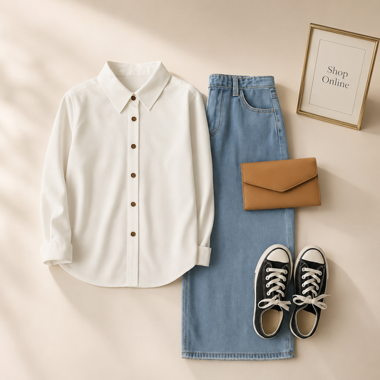WHITE BUTTON DOWN SHIRT WITH ICE BLUE WIDE LEG JEANS