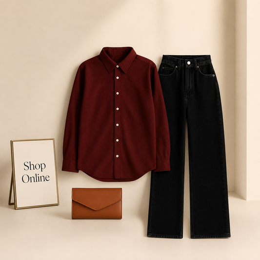 MAROON BUTTON DOWN SHIRT WITH BLACK WIDE LEG JEANS
