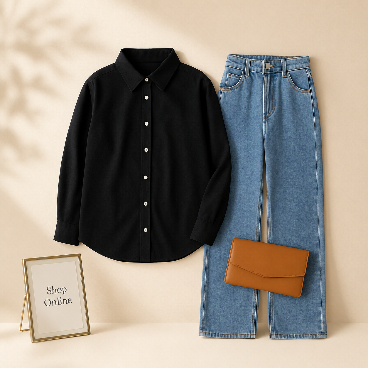 BLACK BUTTON DOWN SHIRT WITH MID BLUE WIDE LEG JEANS