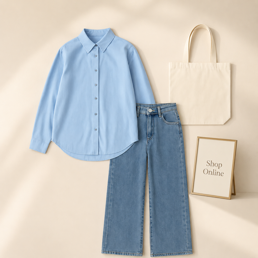 SKY BLUE BUTTON DOWN SHIRT WITH SKY BLUE WIDE LEG JEANS