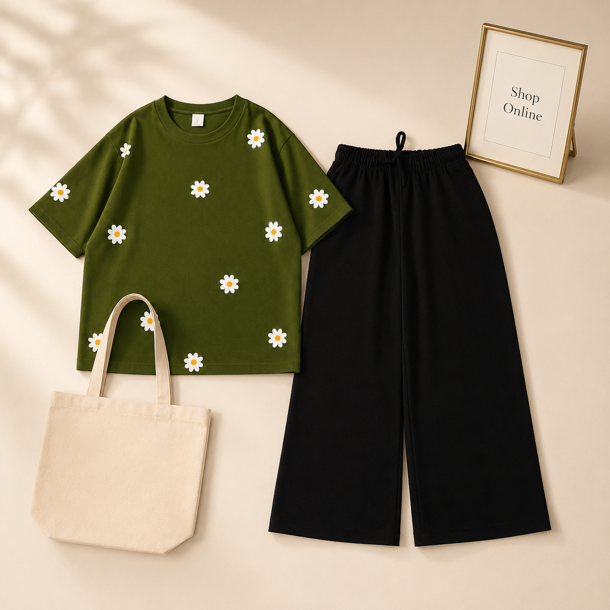 OLIVE TSHIRT SUNFLOWER ALL OVER WITH BLACK FLAPPER
