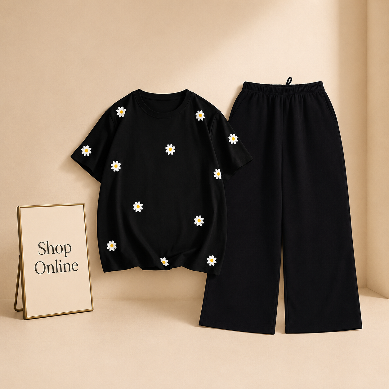 BLACK TSHIRT SUNFLOWER ALLOVER WITH BLACK FLAPPER
