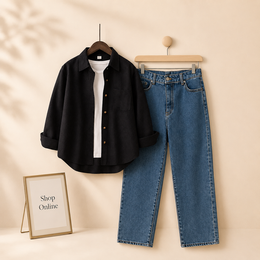 BLACK BUTTON DOWN SHIRT WITH INNER WITH SKY BLUE WIDE LEG JEANS