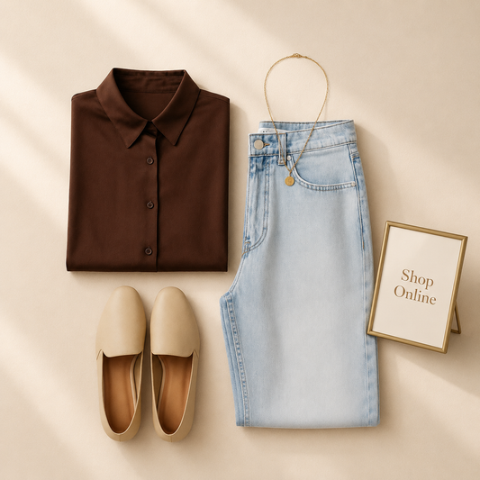 DARK BROWN BUTTON DOWN SHIRT WITH SKY BLUE WIDE LEG JEANS